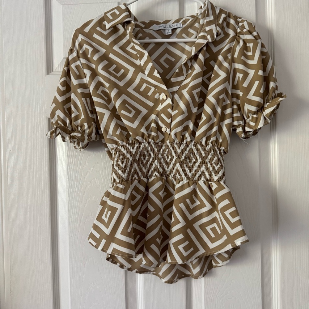 Sweet Rain Women’s Brown and White Geometric Peplum Puff Sleeve Blouse Size S